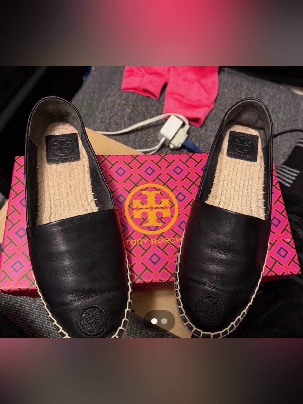 Tory Burch Black Leather Slip-On Espadrilles